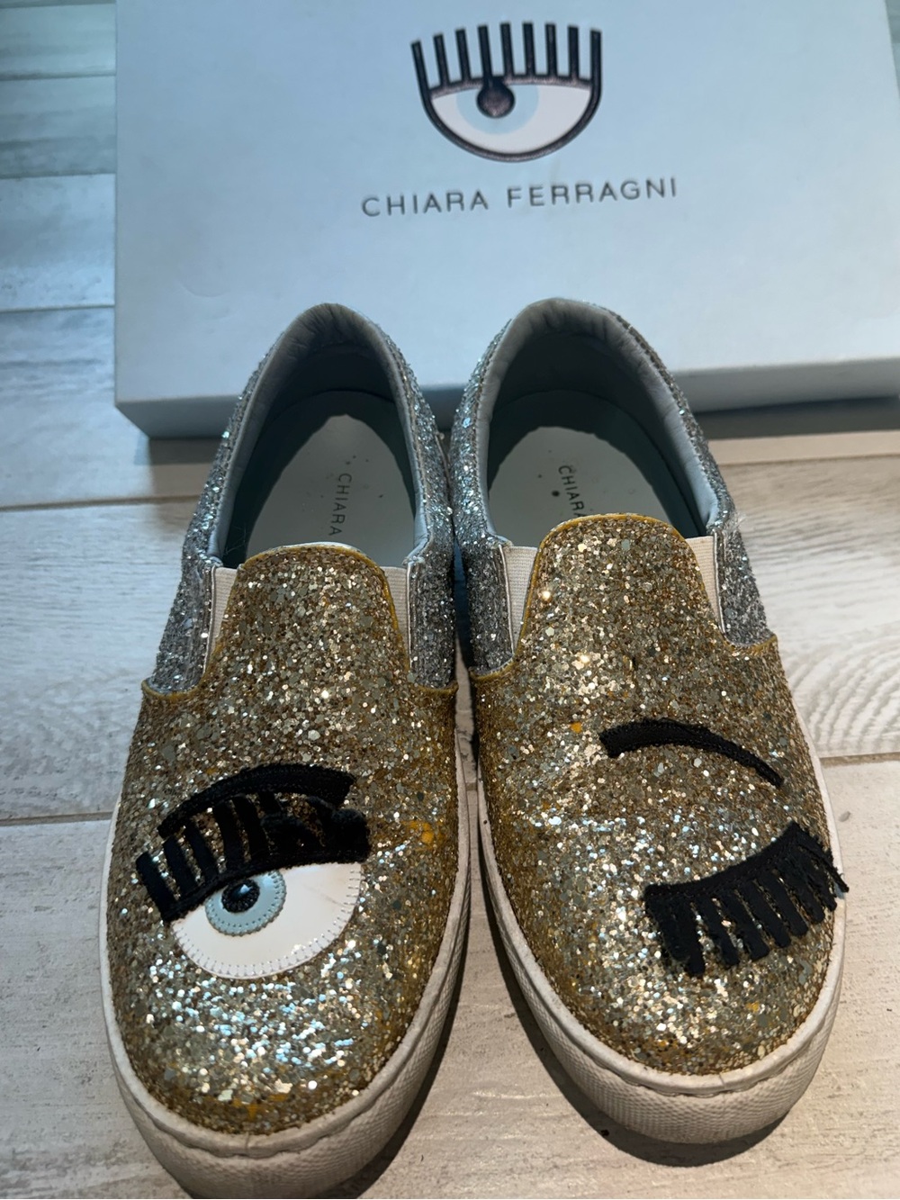 Chiara Ferragni Kids Gold and Silver Glitter Eye Slip-On Sneakers
